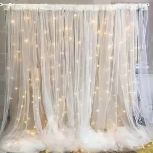 PARTY MIDLINKERZ Solid White Net Curtain, Birthday Decoration Items LED Fairy Lights for Kids & Adults Balloon