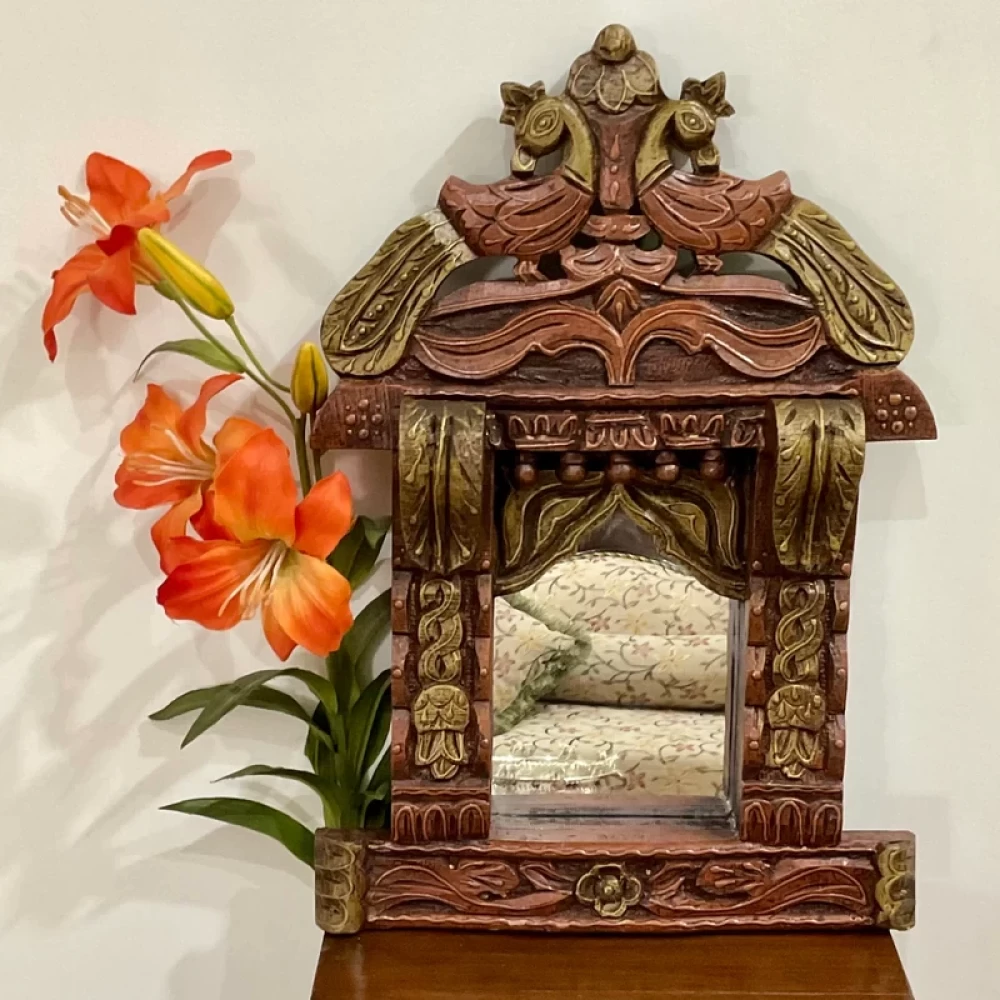18 Inch Wooden Peacock Jharoka With Mirror - Wall Decor