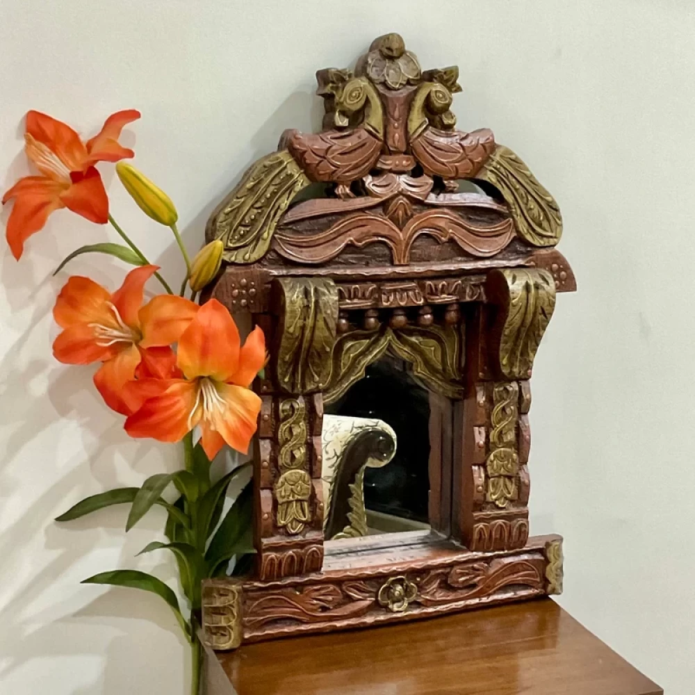 18 Inch Wooden Peacock Jharoka With Mirror - Wall Decor