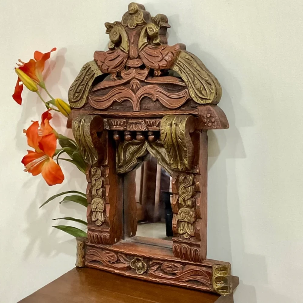 18 Inch Wooden Peacock Jharoka With Mirror - Wall Decor