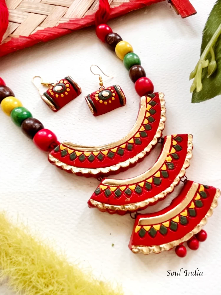 Handmade Cascade Style Terracotta Jewellery Set - Red