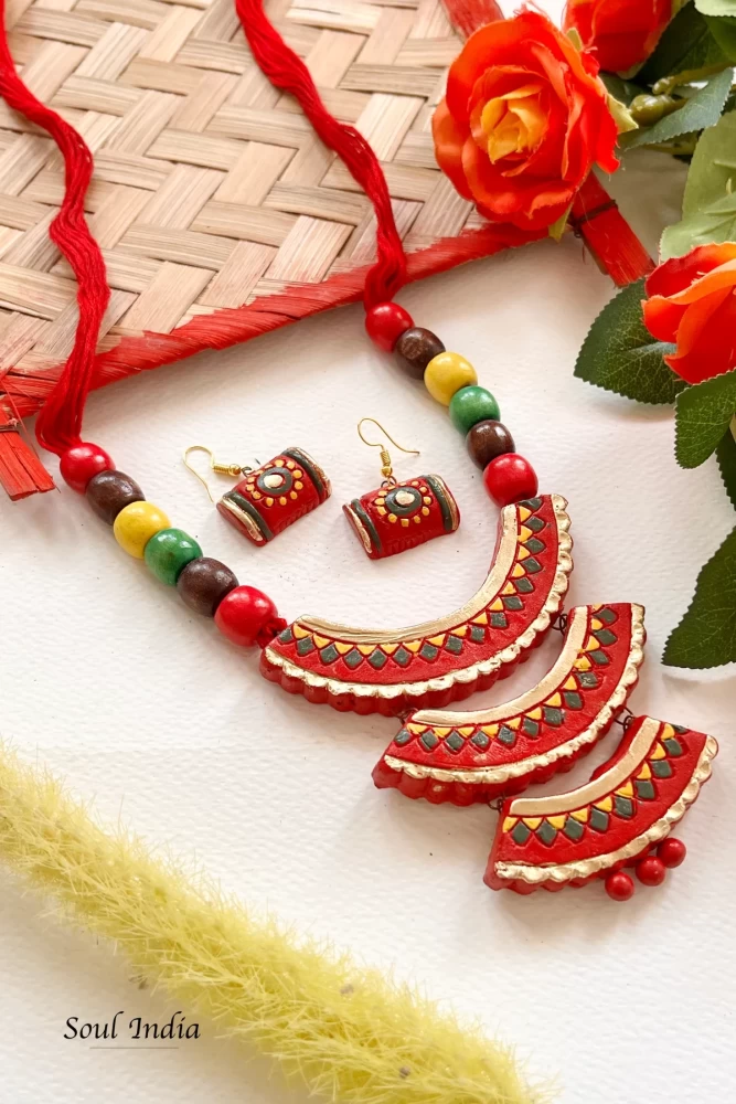 Handmade Cascade Style Terracotta Jewellery Set - Red